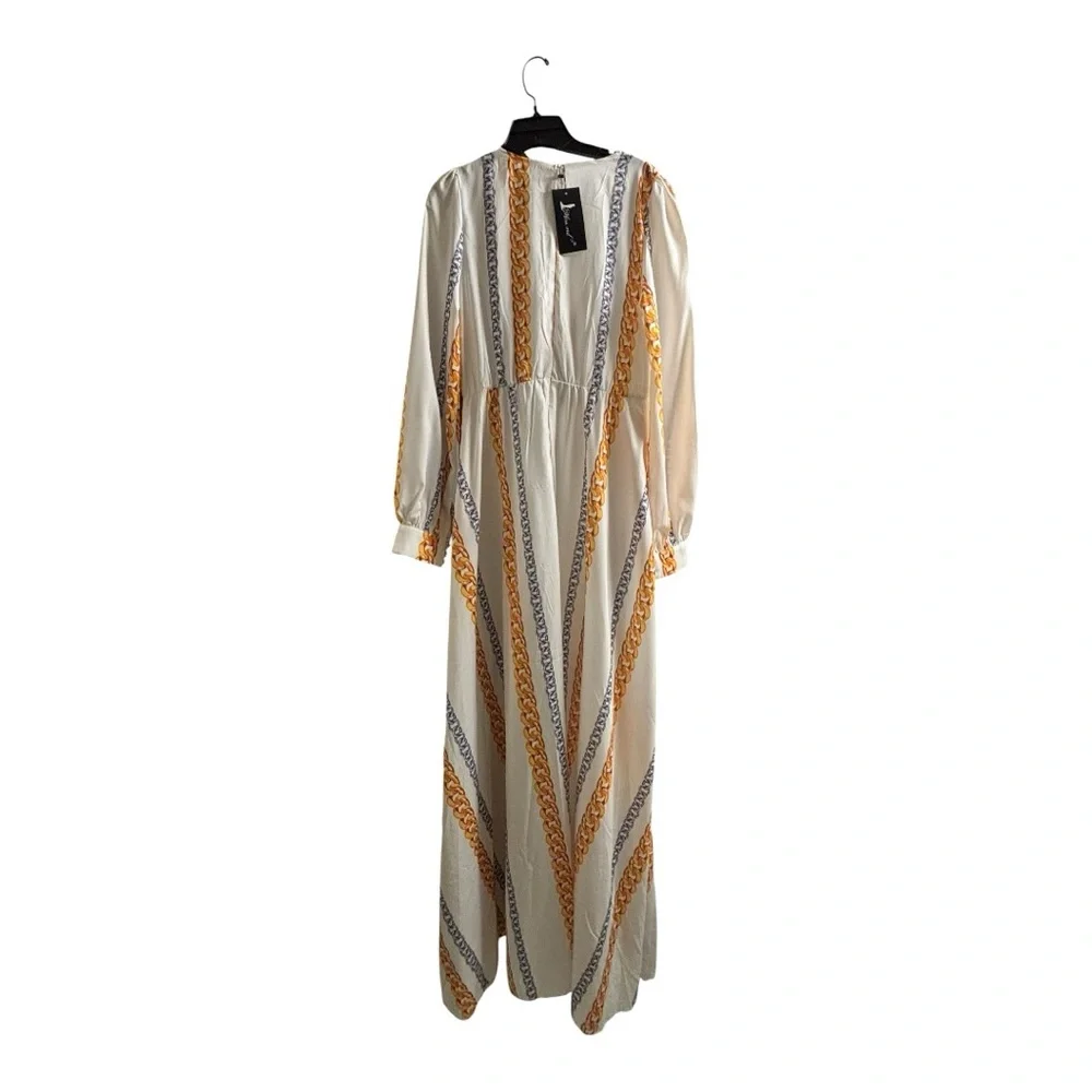 Chain Print Split Thigh Plunge Neck Ruffle Maxi Event Flowy Dress Size Large - Picture 5 of 8